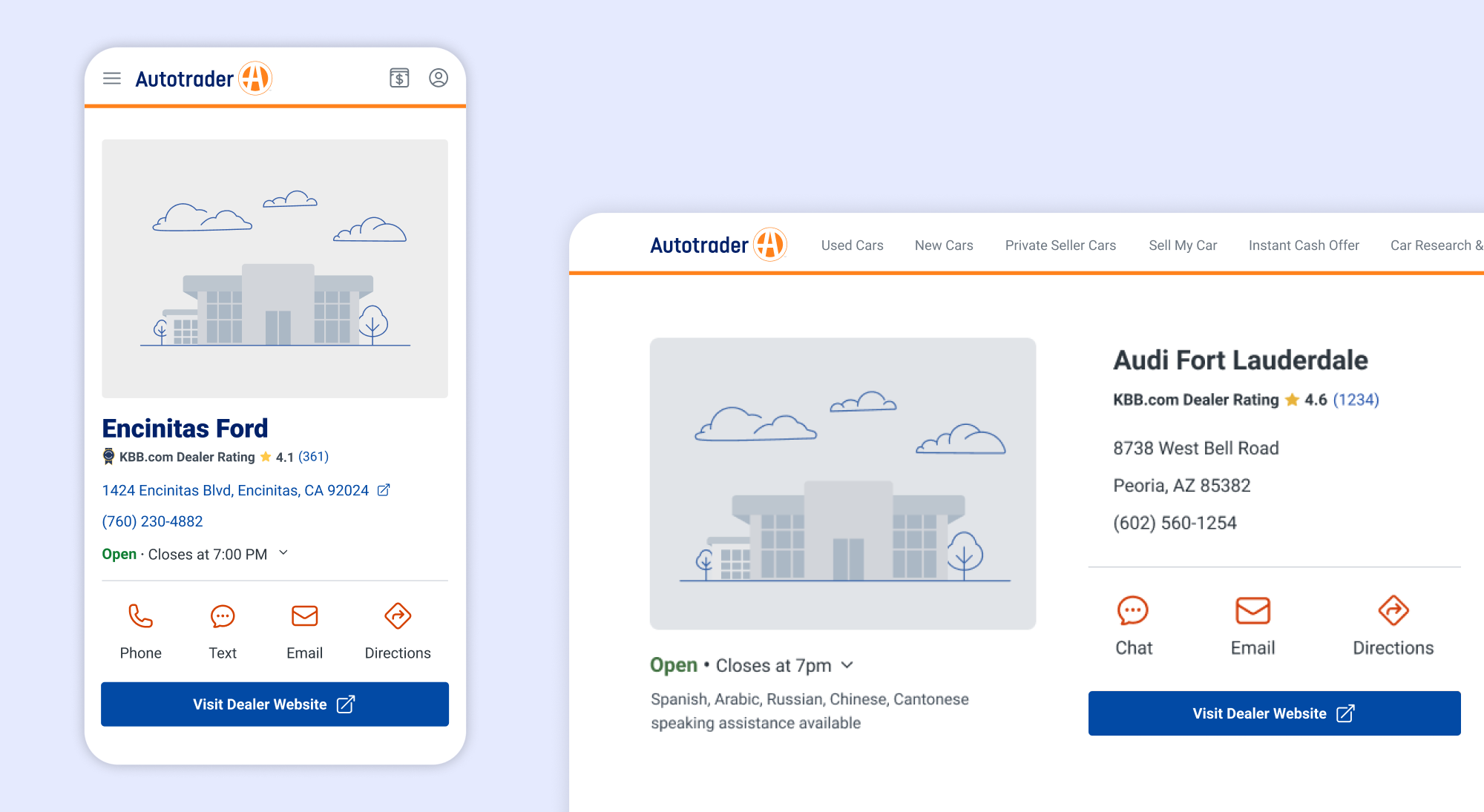 empty state screens of illustrated dealership exterior